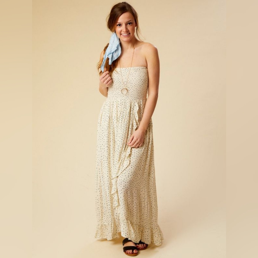 Patrons of Peace Flowy Long Sundress with Ruffles and Deep Blue Green Polka Dots